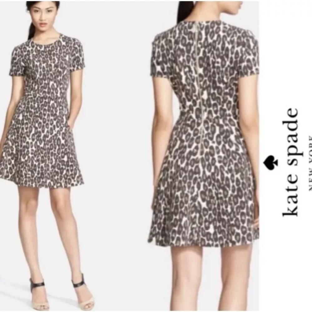 Kate Spade Short Sleeve Round Neck Autumn Leopard Knit Fit-Flare Dress Sz 4